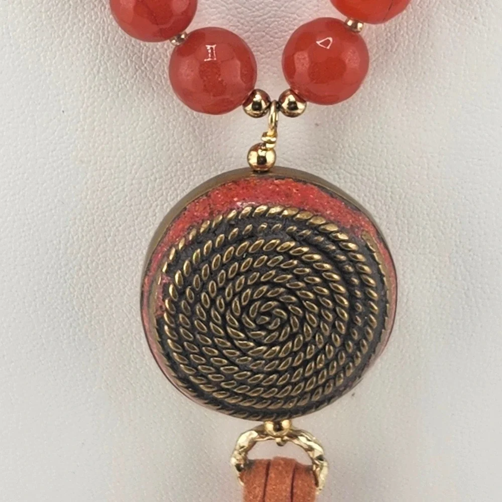 Orange Agate‎ Beaded Necklace Statement Pendant Tassel Gold Accent Jewelry